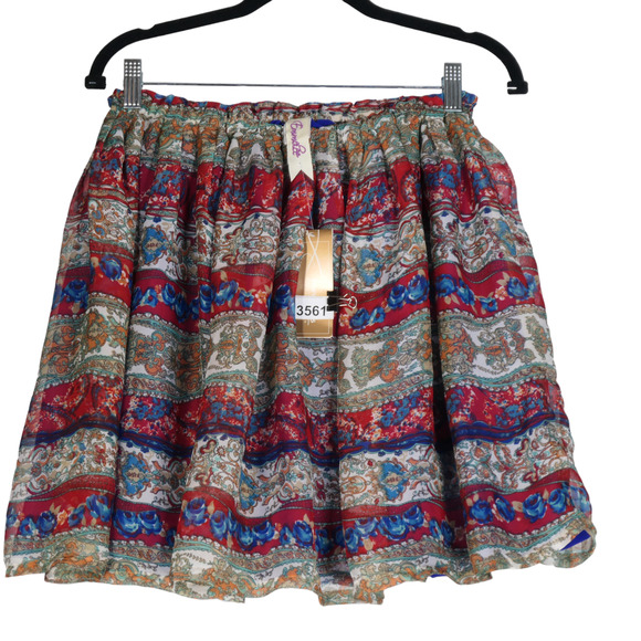 Francesca’s Emme Lee Mini Skirt Women Large Red Multi Sheer Lined Boho NWT - Picture 1 of 5
